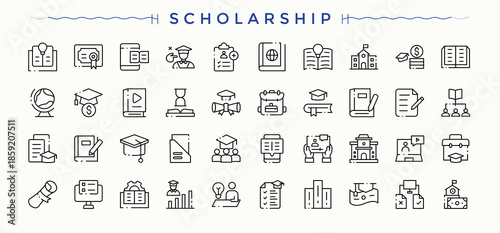 Scholarship icon set. University icon set. Pictograms of diploma, graduate, study, graduation, learn, university and more. Pixel perfect. Editable vector.