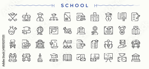 School icon set. It contains symbols to class, graduation, university, learning, learn, knowledge, education and more. Student icon set. Perfect for logos and infographic. Vector illustration.