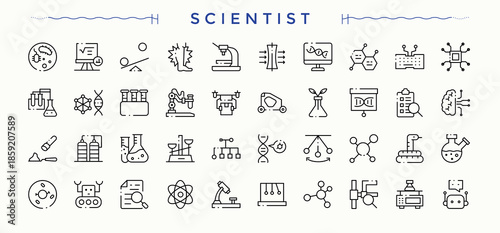 Scientist linear icon set. Biology vector line icon set. Contains such icons as analysis, biology, formula, chemistry lab, experiment and more.