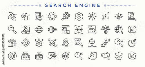 Search Engine Optimization icon set in linear style. Keyword linear icon set. Contains outline symbols like copywriting, search, target, marketing, web, keyword. Editable stroke. Vector collection.