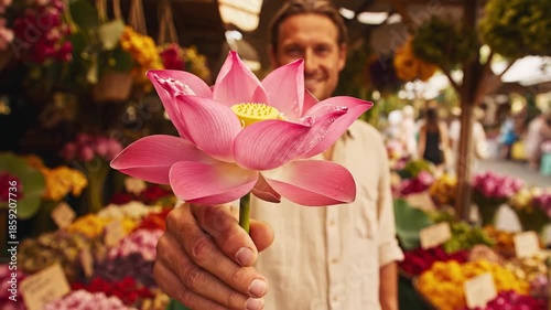Smiling Man Offers Pink Lotus Flower at Bustling Outdoor Flower Market With Colorful Blooms and Soft Natural Lighting