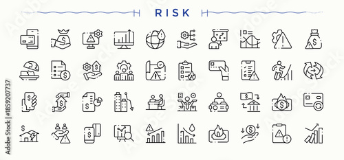 Risk icon set. Thin web icons. Related to plan, crisis, safety, protection. Editable stroke collections. Crisis icon set.