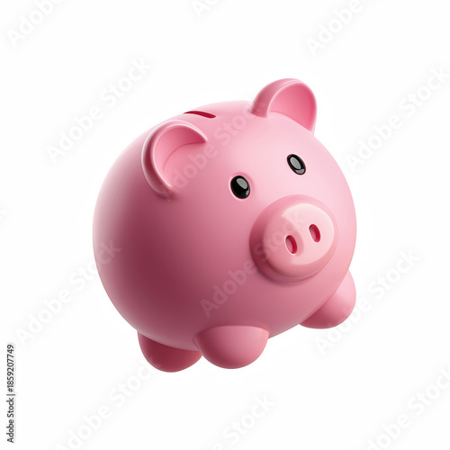 3D cute cartoon pink piggy bank with coin slot, matte finish isolated on transparent background.