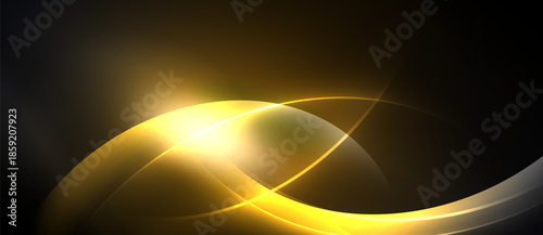 Abstract golden curves, bright light source. Dark background creates dramatic visual effect, modern design element.