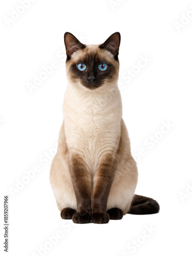 Fényképezés Elegant Siamese cat sitting upright with striking blue eyes and smooth cream coat with dark points, isolated on white background