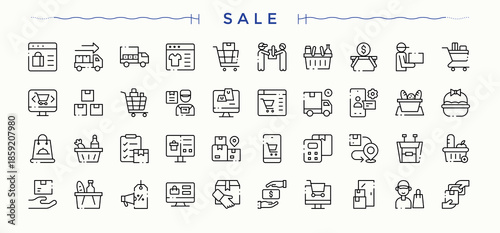 Sale icon set. Included promotion, service, commerce, online sales, e-commerce, marketing and more. Market line icon set. Simple line vector icons. Editable stroke. Vector collection.