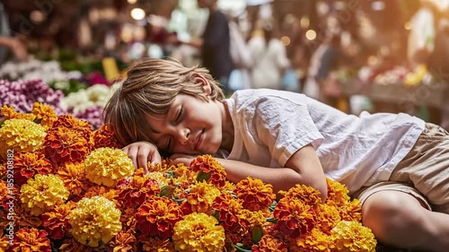 Young Boy Sleeping Peacefully Amongst Vibrant Orange Yellow Marigold Flowers in a Busy Outdoor Market Sunlight Dappling Through Stalls Soft Focus Background of Shoppers