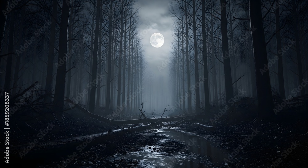 Fototapeta premium Dark misty forest at night with moonlight reflecting on wet path, mysterious woodland landscape, eerie atmosphere, fantasy mood and cinematic nature background 
