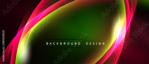 Abstract flowing shapes, vibrant colors blend. Green dominates center, red edges frame design. Modern aesthetic, dynamic composition.