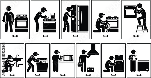 Home appliance repair service icon set showing technician fixing kitchen appliances, black silhouette vector illustrations for maintenance and installation design