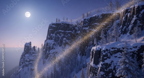 Snowy mountain cliffs with trees under a full moon and sparkling lights