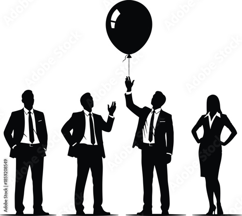 Business professional team silhouettes reaching for a black balloon representing creative ideas corporate ambition inspiration and new heights in career growth