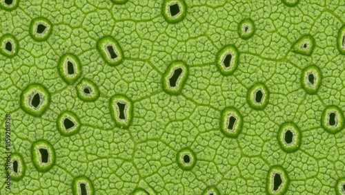 An intricate microscopic view revealing the vibrant cellular structure and pores of a green leaf
