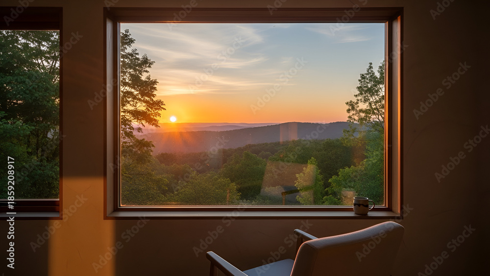 Fototapeta premium Peaceful sunrise view through a window overlooking green forested hills, soft morning light creating a calm and relaxing atmosphere.