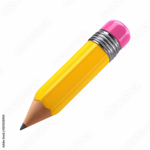 3D cute yellow pencil with pink eraser, glossy school stationery icon isolated on transparent background.