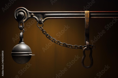 Old steelyard hanging showing its age, with metal weight, chain, and leather strap against a brown background