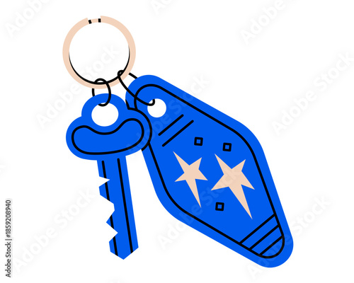 Illustration of hotel keychain. Vector real estate. Protection or access. Travel apartment. Housing for rent. Vintage motel key tag. Isolated.