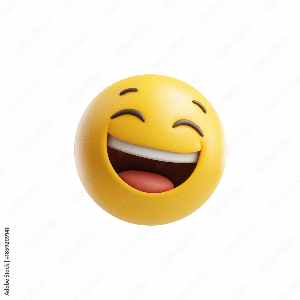Fototapeta premium 3D laughing emoji face with closed eyes and open mouth, cute yellow emoticon isolated on transparent background.