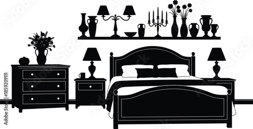 Elegant bedroom interior silhouette featuring classic double bed, bedside tables with lamps, dresser, wall shelf with decorative vases, and floral arrangements.
