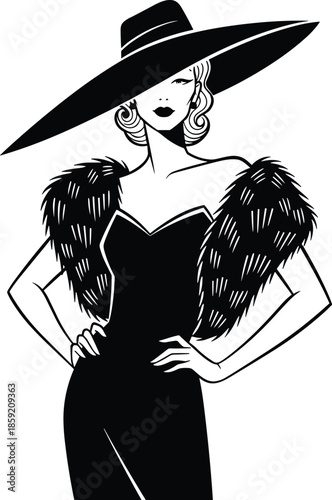 Elegant vintage woman wearing sophisticated black evening dress, wide brim hat, and luxurious faux fur shawl, classic retro fashion illustration for glamorous style.