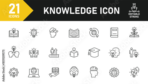 Knowledge line icon set. Set of 21 outline icons related to innovation, knowledge, light bulb, smart, learning, creative, genius, brain and others. Editable stroke. Vector illustration.