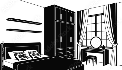 Modern bedroom interior design silhouette with large wardrobe, comfortable bed, dressing table with round mirror, window curtains, and floating wall shelves.