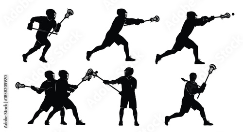 Dynamic Lacrosse Player Silhouettes Set: Athletes in Various Action Poses, Vector Illustration for Sports Design