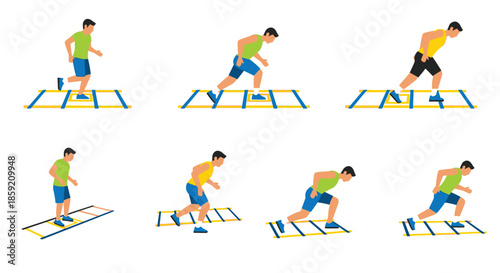 Dynamic Agility Ladder Drills: Vector Illustration of a Man Performing Speed and Coordination Training Exercises for Fitness and Athletic Performance