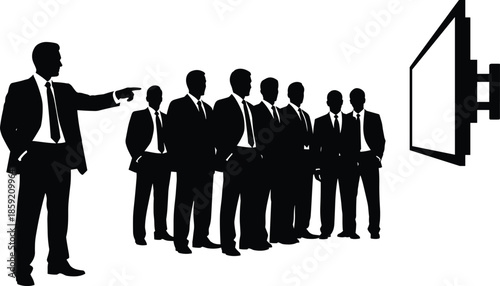 Professional business leader pointing at presentation screen during corporate team meeting silhouette illustration representing leadership strategy communication and collective organizational goals