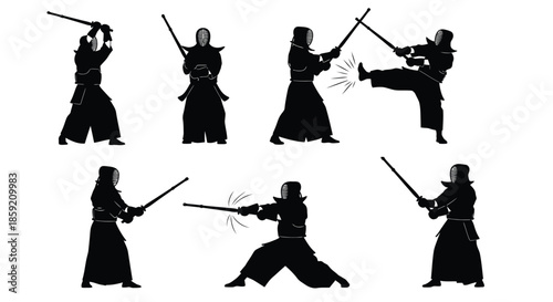 Dynamic Kendo Martial Arts Silhouettes Collection: Japanese Fighters in Action Poses with Shinai on White Background