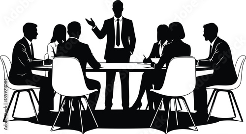 Professional business team silhouettes sitting around conference table during executive boardroom meeting, diverse colleagues collaborating on corporate strategy and office teamwork.