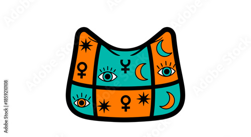 Vibrant mojo bag illustration featuring mystical symbols, isolated on a white background with bold orange and teal colors