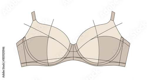 Illustration of a balconette bra with structured design, isolated on a clean white background, showcasing detailed stitching and supportive shape