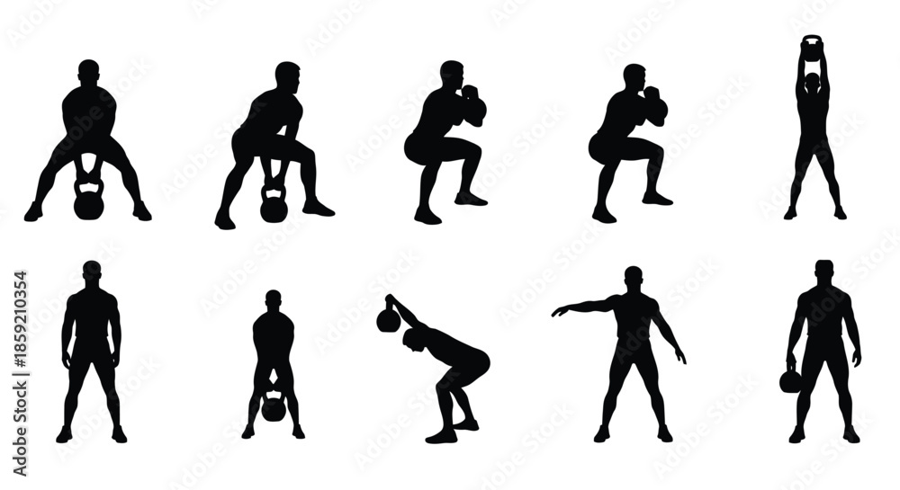 Fototapeta premium Kettlebell Workout Silhouettes Collection: Dynamic Strength Training Exercises for Fitness and Gym Design