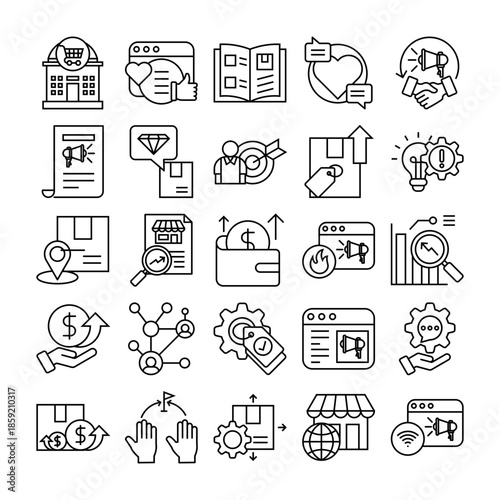 25 Marketing Icons Set – Outline Style, Editable Stroke, Vector Illustration, Market,Social Media,Catalog,Engagement ,Sponsorship,Advertisement,Value Proposition,Target ,Brand Development,Innovation