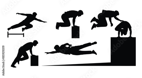 Dynamic Parkour & Freerunning Silhouettes Set: Urban Acrobatics, Obstacle Course Training, Jumping, Climbing, and Vaulting Movements Vector Illustration