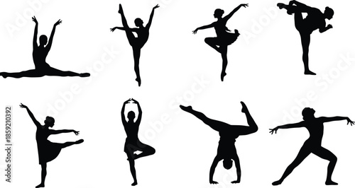 Collection of black female gymnast and yoga silhouettes performing athletic stunts, stretches, and graceful flexibility poses, isolated vector icons for sports and fitness designs,