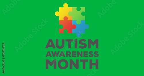 Animation of multi coloured puzzle elements forming square with words Autism Awareness Month