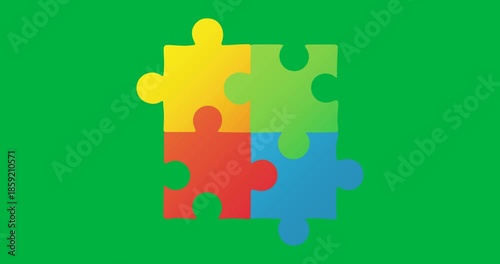 Animation of four multi coloured puzzle elements forming square Autism Awareness Month symbol