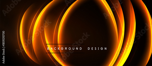 Dynamic orange lines create abstract backdrop. Glowing curves suggest movement, depth, modern aesthetic. Dark background enhances luminosity.