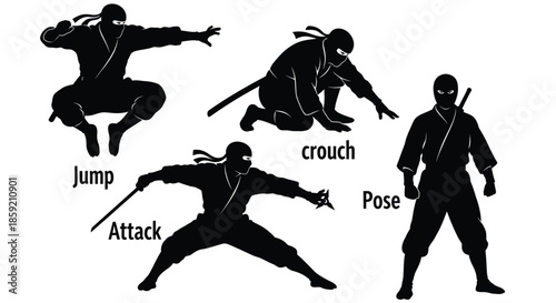 Dynamic Ninja Action Poses Silhouette Set: Warrior in Jump, Crouch, Attack, and Standing Stances for Martial Arts Design