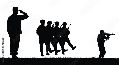 Silhouette depiction of military personnel demonstrating discipline and duty, featuring a saluting officer, marching soldiers, and an armed individual in various stances