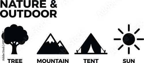 Nature & Outdoor Adventure Icons Set: Tree, Mountain, Tent, Sun Symbols for Camping, Hiking, and Travel Design