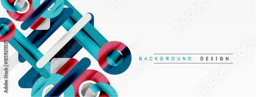 Abstract geometric shapes overlap, creating dynamic visual texture. Blue, teal, pink hues dominate white space. Modern design element.