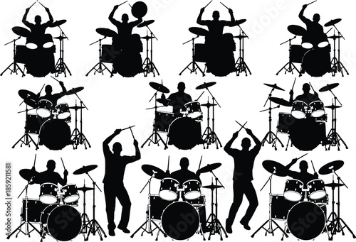 Drummer silhouette, drum kit action, black illustration, music performance, rhythm pose, percussion energy, concert vibe, artistic motion, musical expression, beat moment