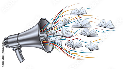 Megaphone emits a vibrant burst of colorful sound waves and open books, symbolizing loud communication and the widespread dissemination of knowledge