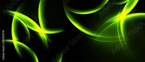 Bright green lines curve, swirl against black background. Abstract design evokes energy, motion, light effects. Vivid, dynamic composition.