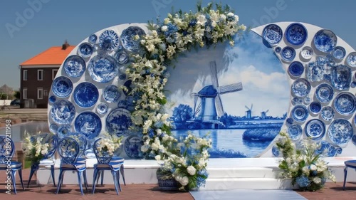 A wedding backdrop depicts a Dutch scene with windmills, plates, floral arrangements and chairs