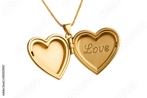 Open gold heart locket pendant with the word Love inside isolated on white background