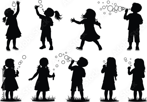 Children playing with soap bubbles, silhouette kids outdoor fun, joyful childhood activity, summer playtime, happy moments, bubble wand interaction